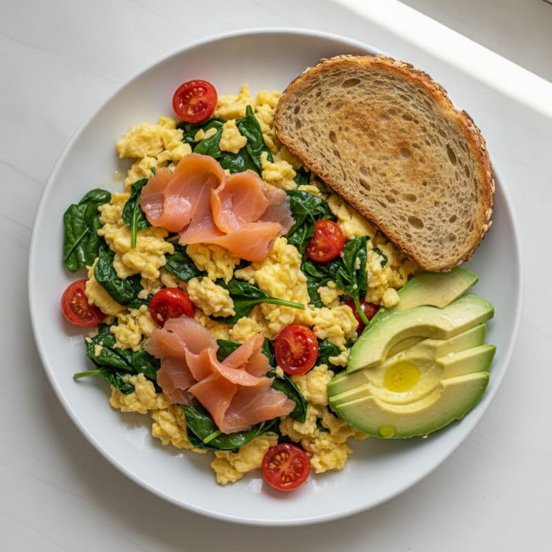 Smoked Salmon Scramble with Baby Spinach and Cherry Tomatoes