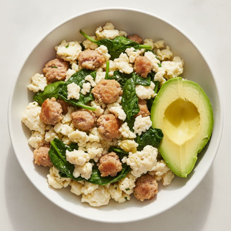 Scrambled Egg Whites with Sautéed Spinach and Turkey Sausage