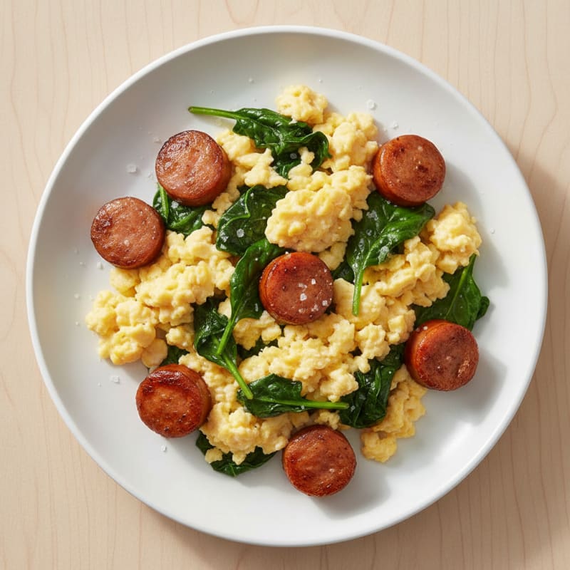Scrambled Eggs with Chicken Sausage and Sautéed Spinach