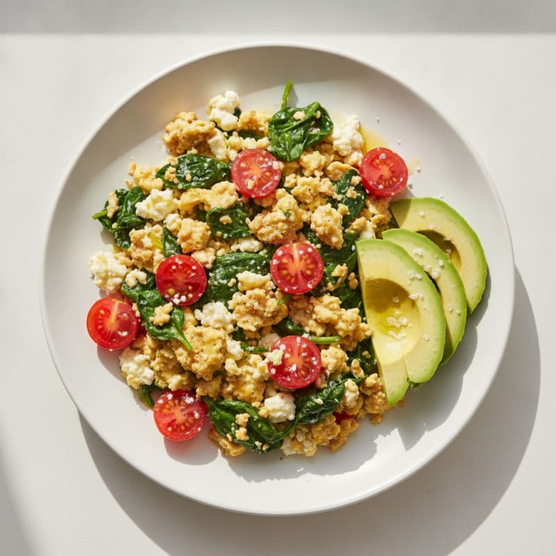 Cottage Cheese Egg White Scramble with Spinach and Tomatoes