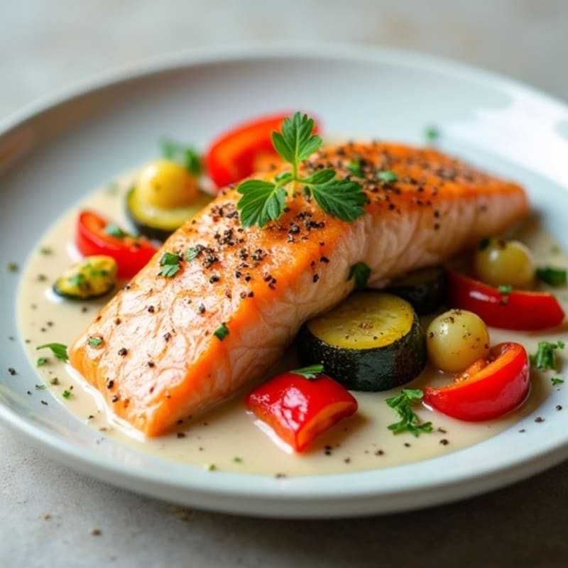 Salmon with Creamy Coconut and Spiced Vegetables