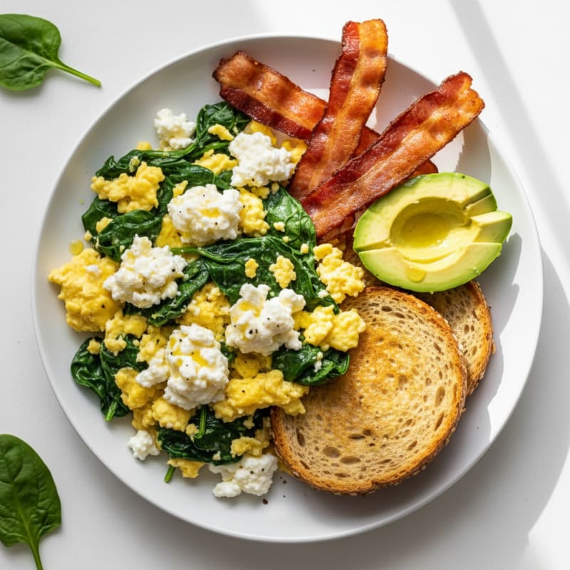 Cottage Cheese Scramble with Spinach and Turkey Bacon