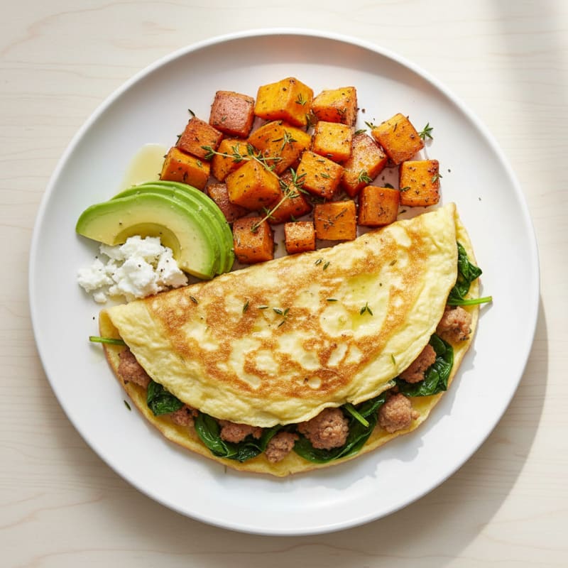 Crispy Egg White Omelette with Turkey Sausage and Roasted Sweet Potatoes