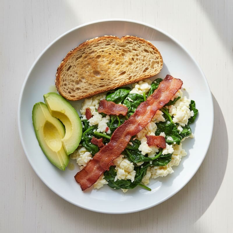 Egg White Scramble with Turkey Bacon and Sautéed Spinach