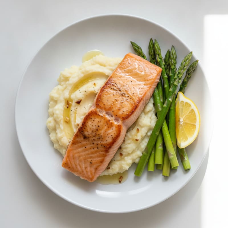 Seared Salmon Fillet with Steamed Asparagus and Garlic Mashed Cauliflower