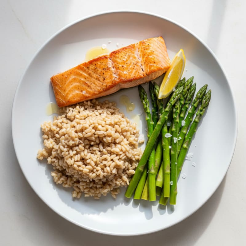 Seared Salmon with Steamed Asparagus and Brown Rice