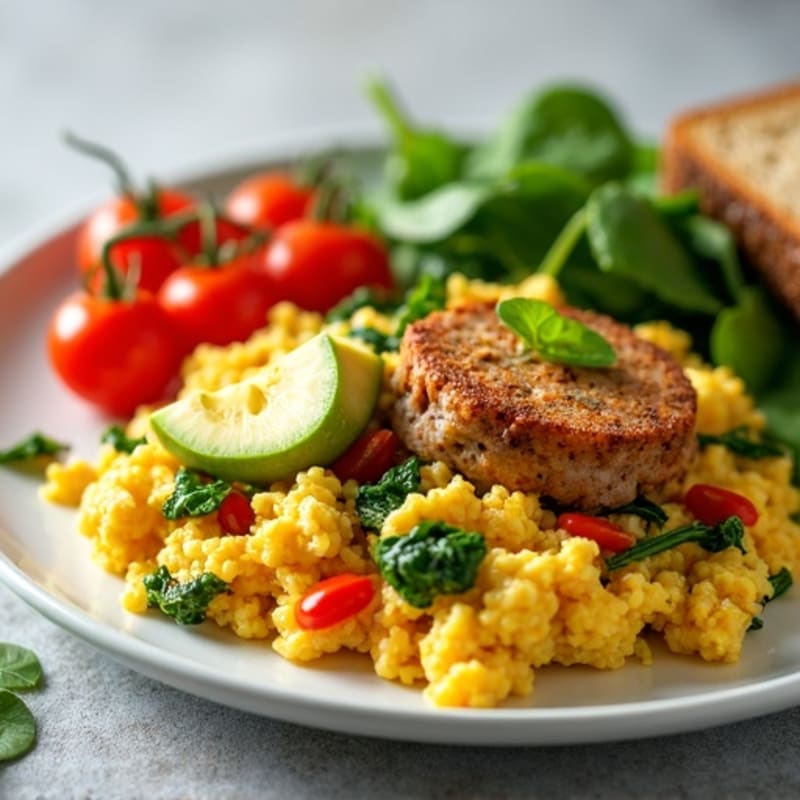 Egg White and Turkey Sausage Scramble with Spinach and Tomatoes