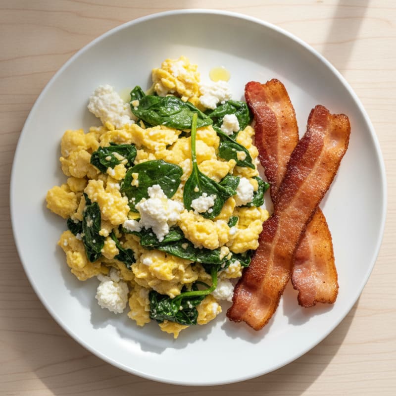 Cottage Cheese Scramble with Spinach and Turkey Bacon