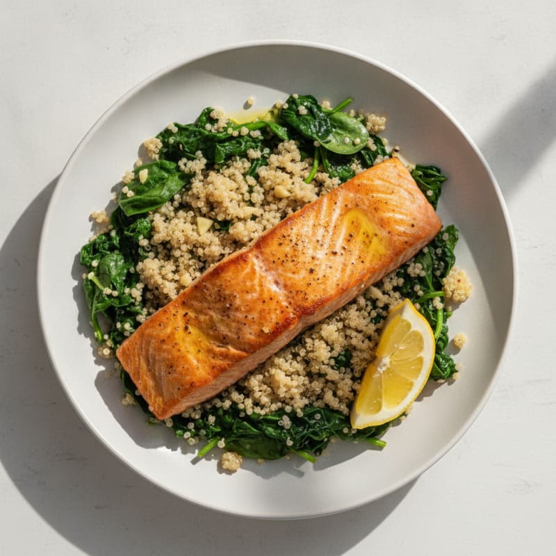 Seared Salmon Fillet with Garlic Quinoa and Sautéed Spinach