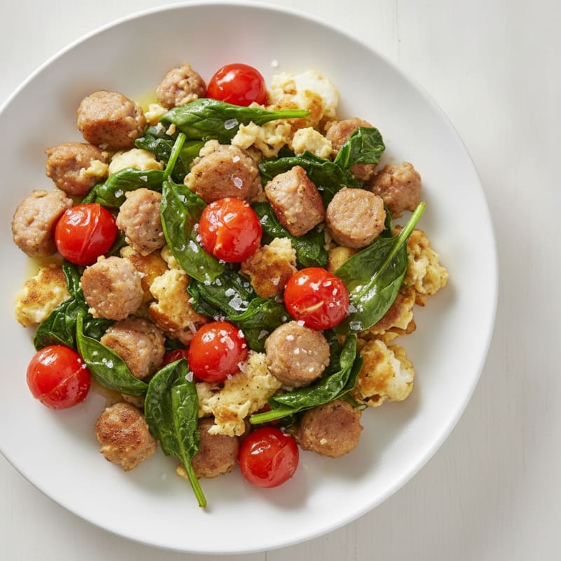 Egg White and Turkey Sausage Scramble with Sautéed Spinach