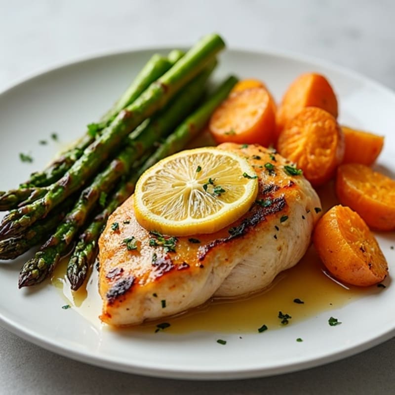 Lemon Herb Roasted Chicken with Roasted Asparagus and Sweet Potatoes