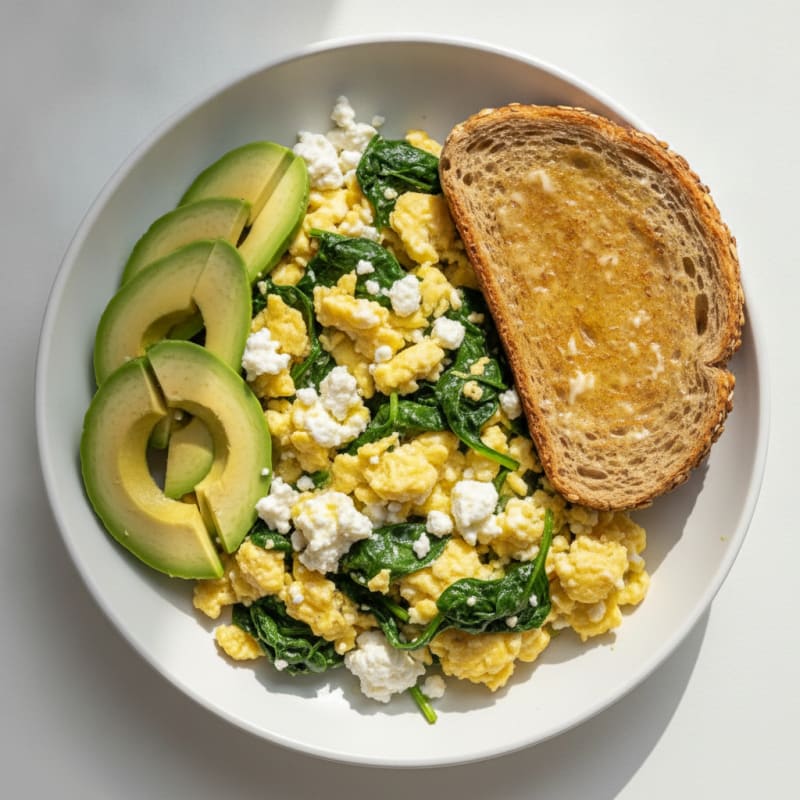 Cottage Cheese and Spinach Egg Scramble with Avocado