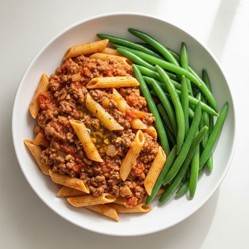 Lean Beef Bolognese with High Protein Penne and Steamed Green Beans