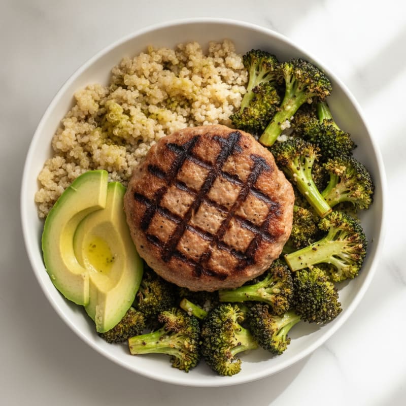 Grilled Turkey Burger Bowl with Quinoa and Roasted Broccoli