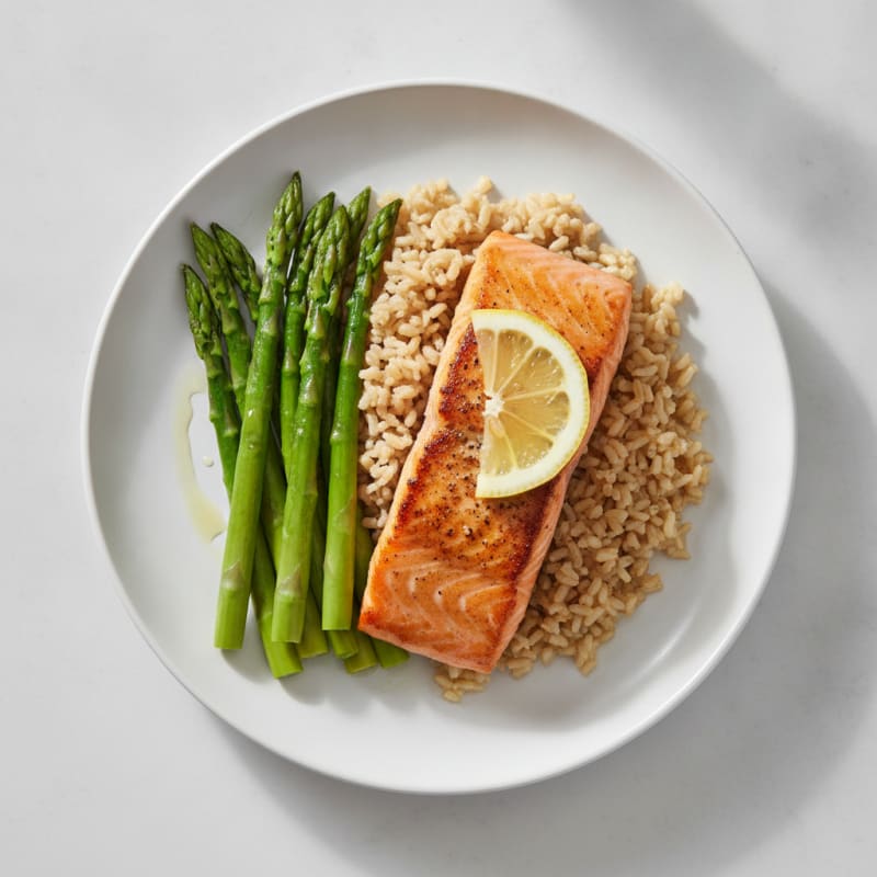 Seared Salmon with Steamed Asparagus and Brown Rice