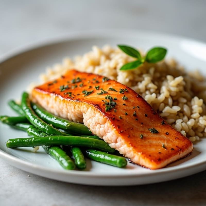 Seared Salmon with Garlic Green Beans and Brown Rice