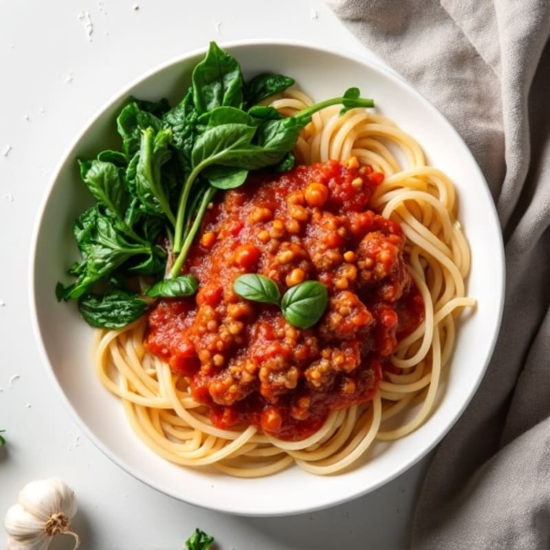 Lean Turkey Bolognese with Whole Wheat Spaghetti and Sautéed Greens