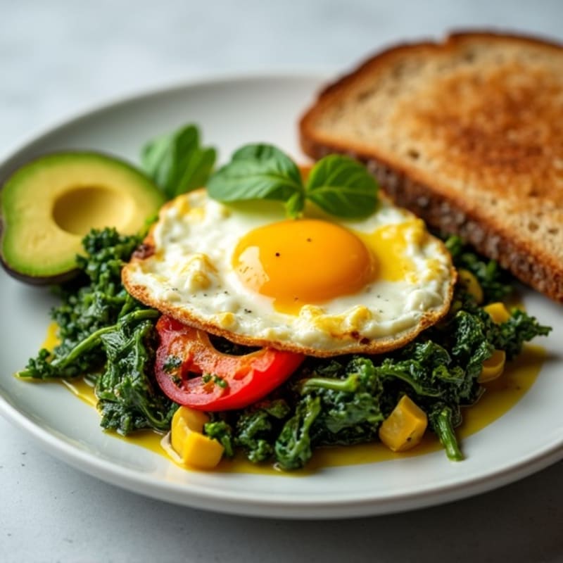 Egg White Veggie Scramble with Cottage Cheese and Sautéed Spinach