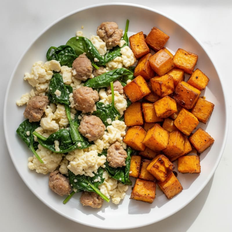 Egg White and Turkey Sausage Scramble with Spinach and Roasted Sweet Potatoes
