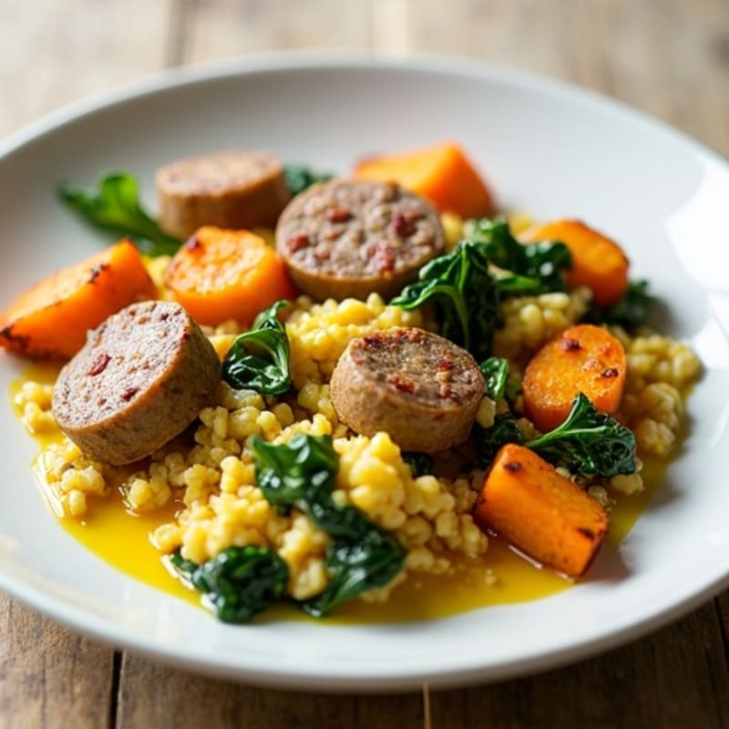 Egg White and Turkey Sausage Scramble with Spinach and Roasted Sweet Potatoes