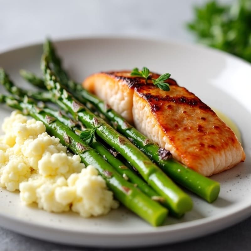 Seared Salmon Fillet with Steamed Asparagus and Cauliflower Mash