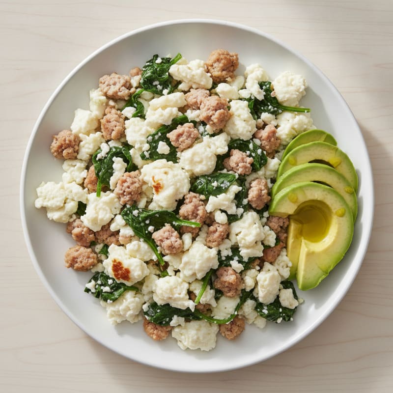 Egg White and Turkey Sausage Scramble with Sautéed Spinach