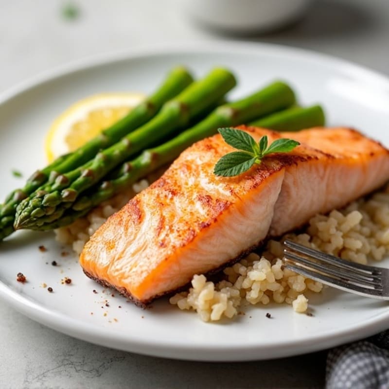 Seared Salmon with Steamed Asparagus and Brown Rice