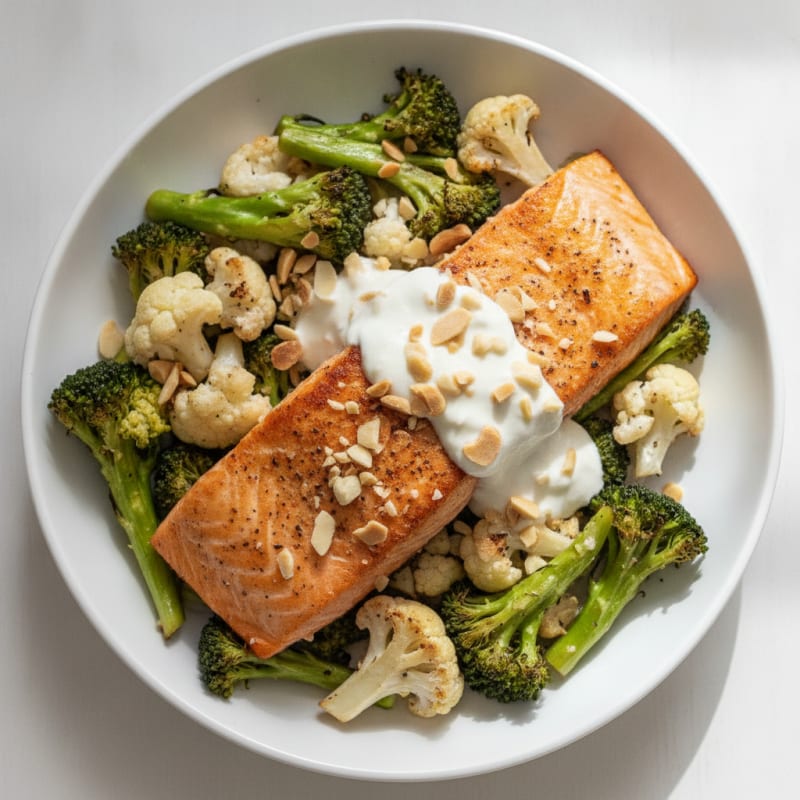 Pan-Seared Salmon with Roasted Broccoli and Cauliflower