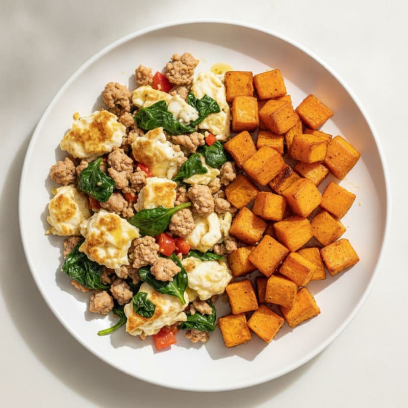 Egg White and Turkey Scramble with Roasted Sweet Potatoes