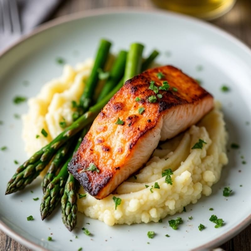 Seared Salmon with Steamed Asparagus and Garlic Cauliflower Mash