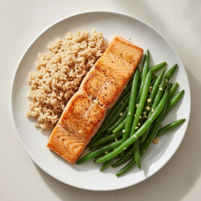 Seared Salmon Fillet with Garlic Green Beans and Brown Rice