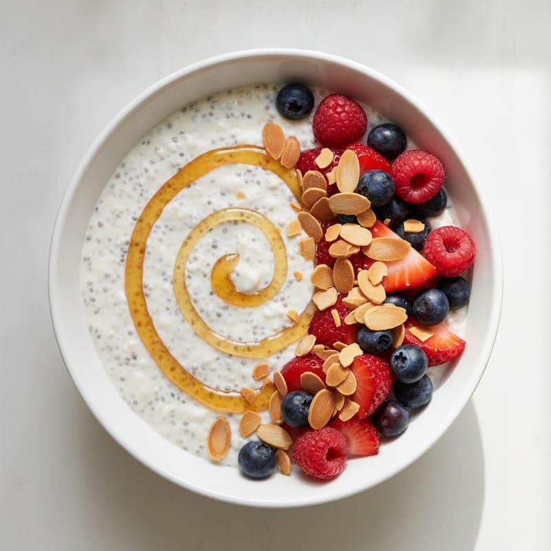 Coconut Yogurt Chia Seed Pudding with Mixed Berries and Toasted Almonds