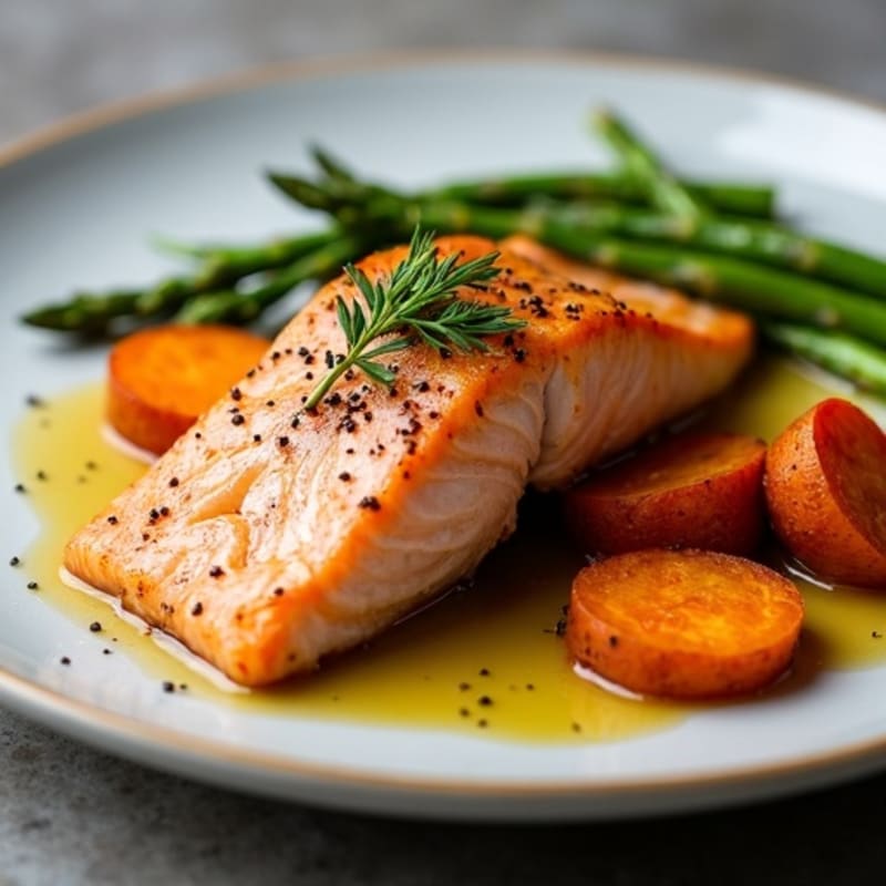 Seared Salmon with Roasted Sweet Potatoes and Asparagus