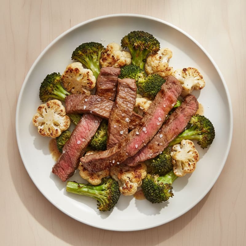 Seared Lean Beef Strips with Roasted Broccoli and Cauliflower