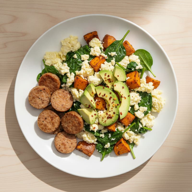 Egg White Spinach Scramble with Turkey Sausage and Roasted Sweet Potatoes
