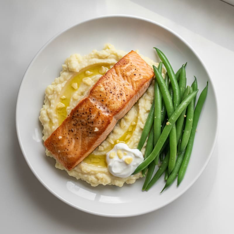Seared Salmon with Steamed Green Beans and Garlic Mashed Cauliflower