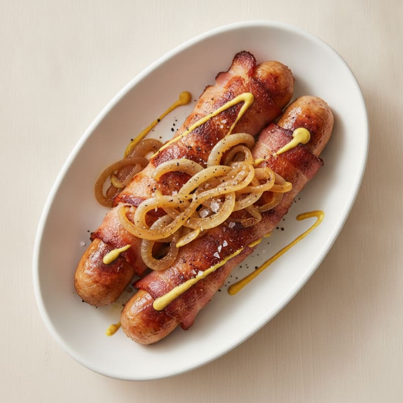 Bacon-Wrapped Hot Dogs with Caramelized Onions