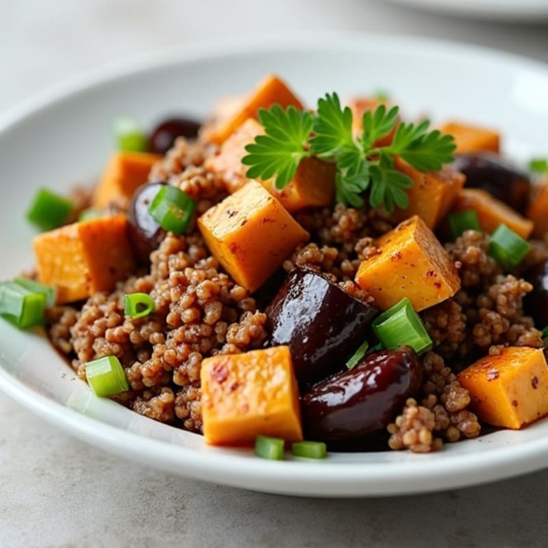 Ground Beef and Tofu Stir Fry with Roasted Eggplant