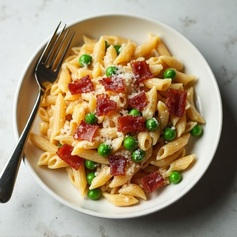 Crispy Turkey Bacon and Pea Carbonara with Creamy Whole Wheat Pasta