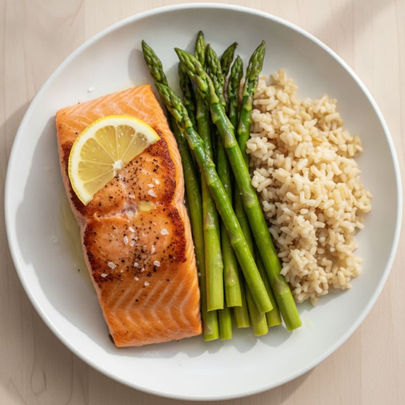 Seared Salmon Fillet with Steamed Asparagus and Brown Rice