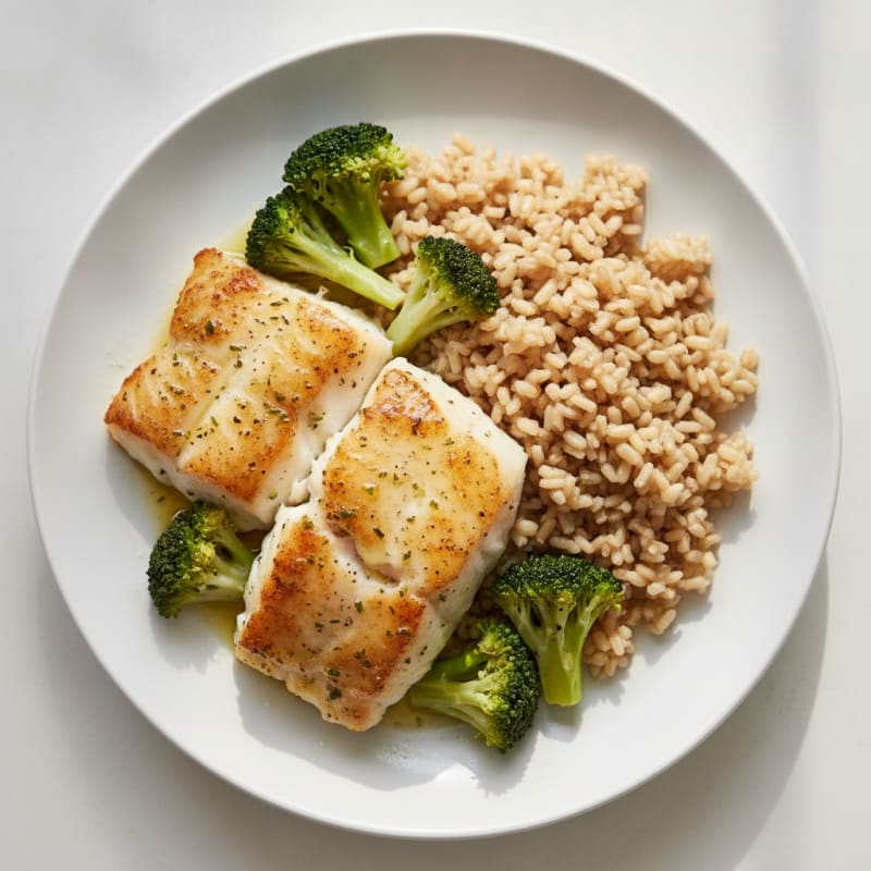 Baked Cod with Steamed Broccoli and Brown Rice