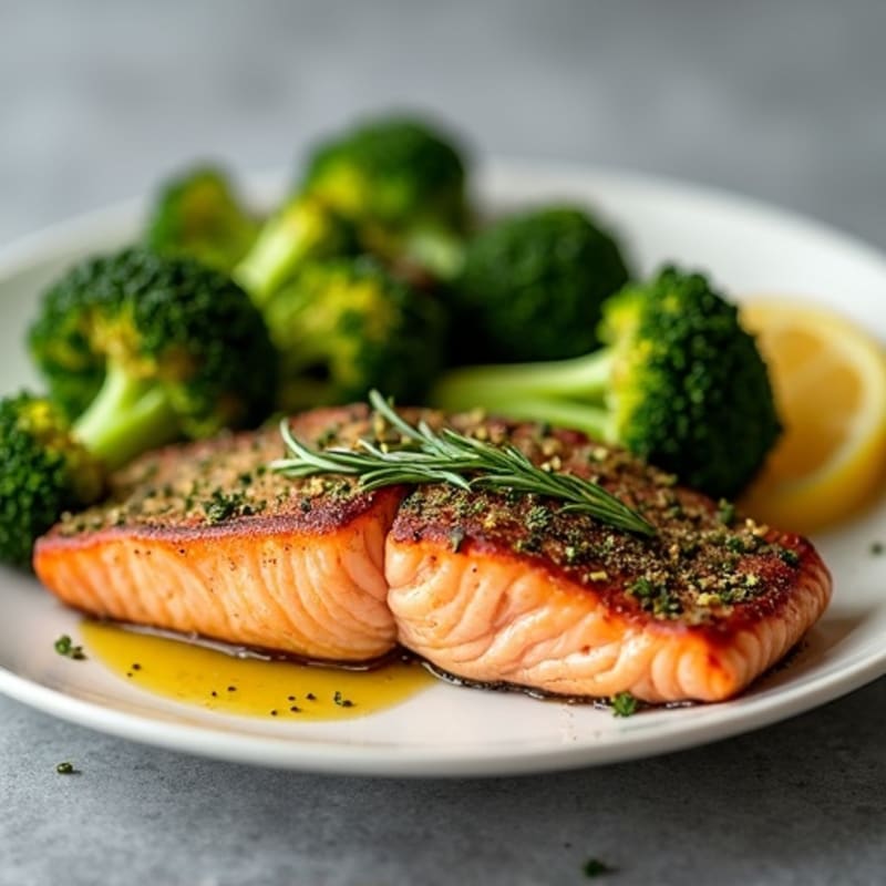 Herb-Crusted Pan Seared Salmon with Roasted Broccoli