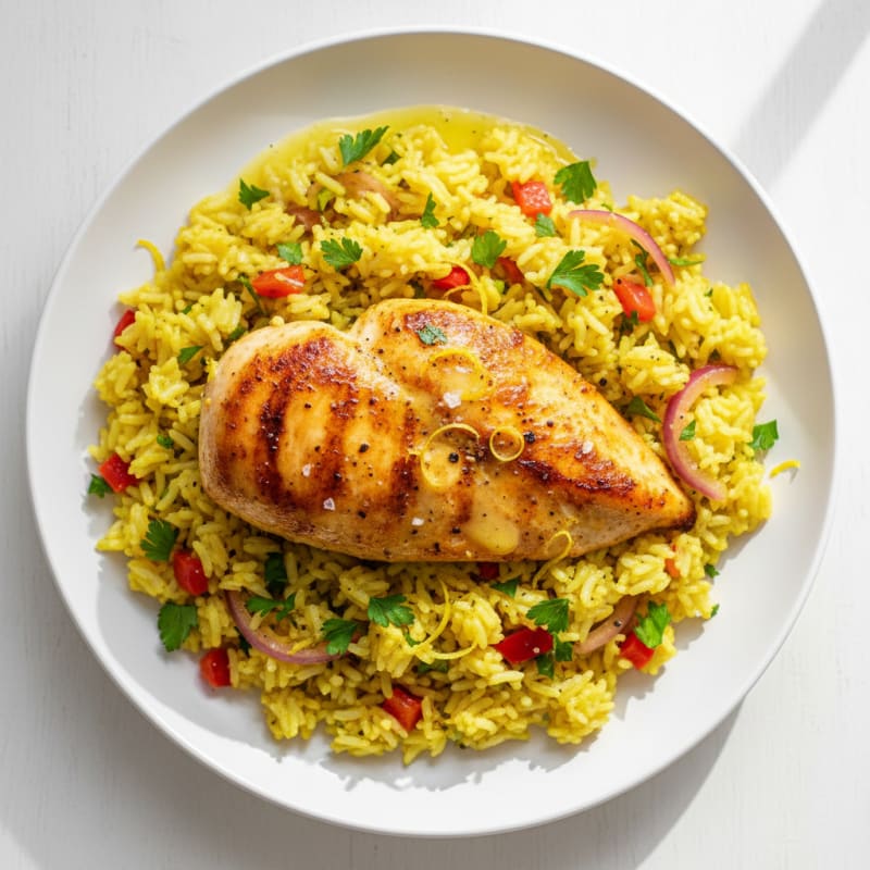 Golden Pan-Seared Chicken with Zesty Rice