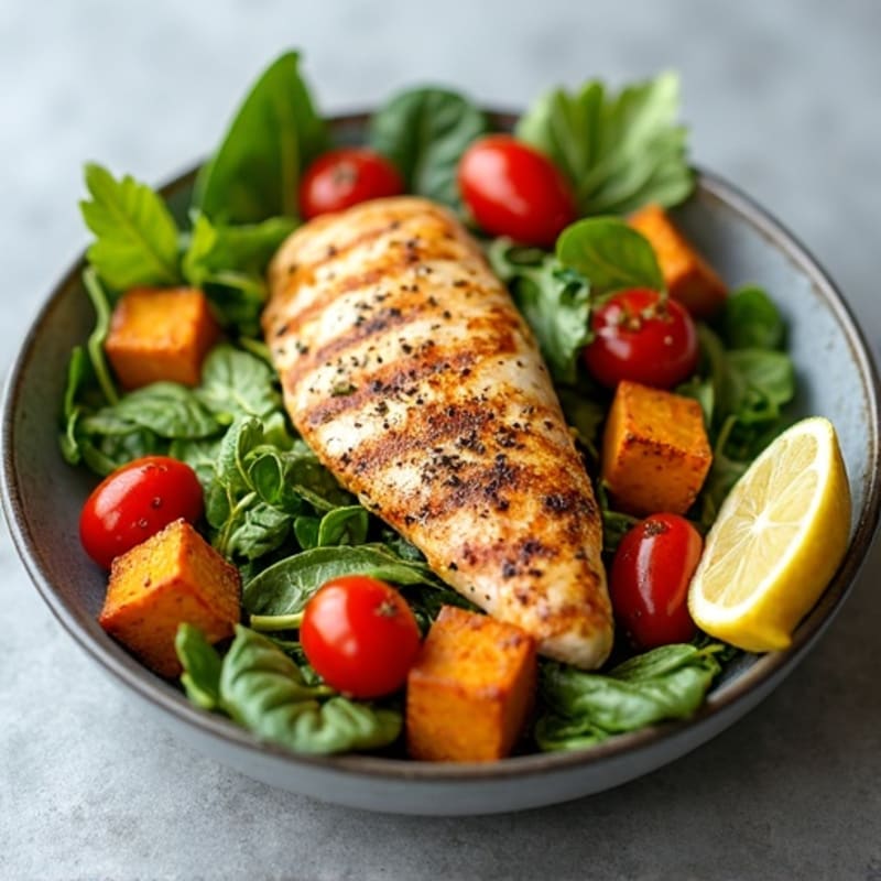 Grilled Chicken Breast over Fresh Greens with Roasted Sweet Potato
