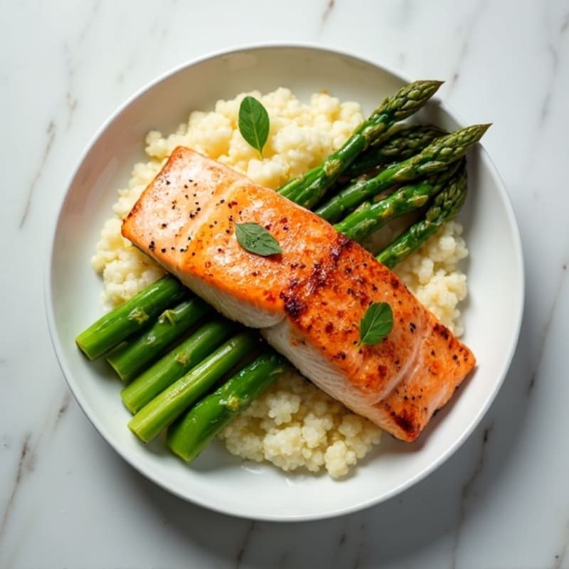 Seared Salmon with Steamed Asparagus and Cauliflower Mash