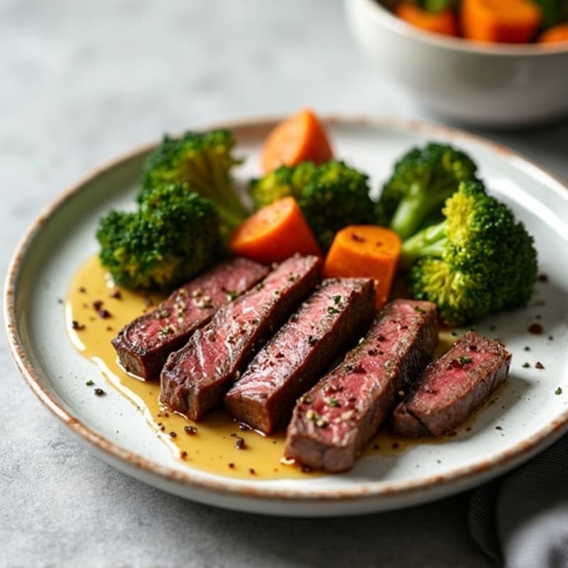 Seared Lean Beef Strips with Roasted Broccoli and Sweet Potato