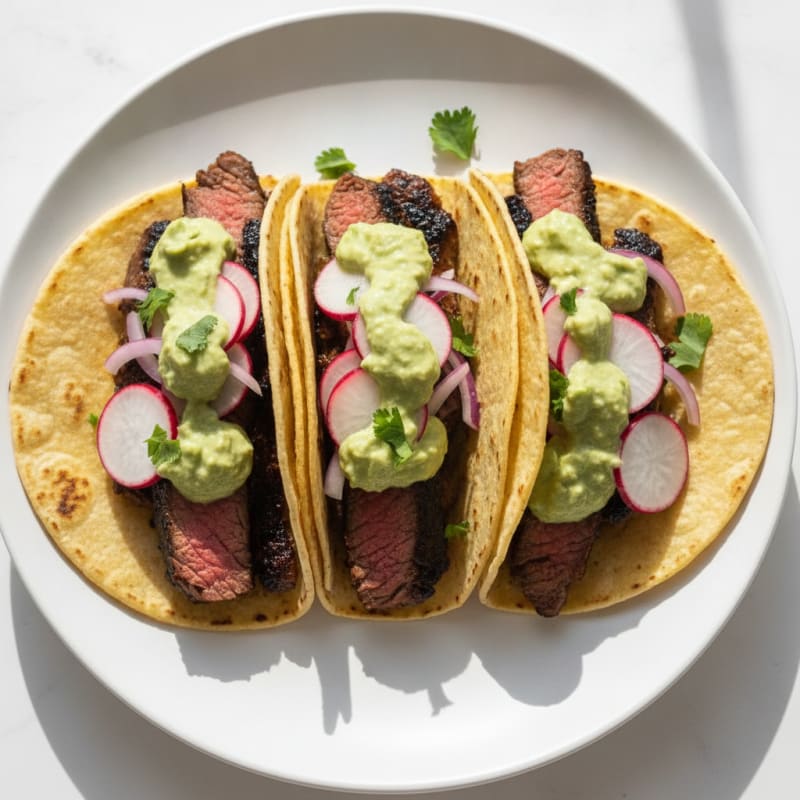 Carne Asada Tacos with Avocado Crema