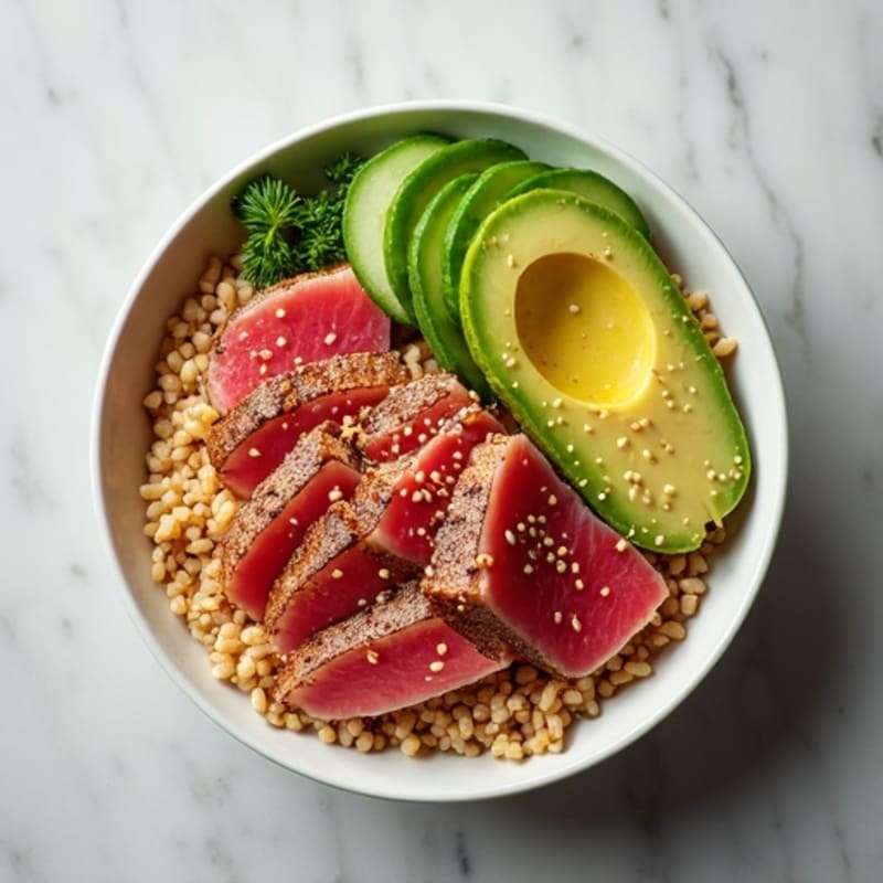 Fresh Tuna Brown Rice Bowl with Creamy Avocado and Sesame Dressing