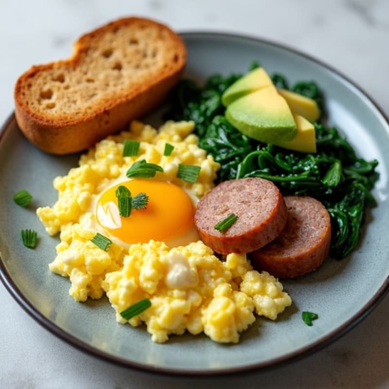 Egg White Scramble with Chicken Sausage and Sautéed Spinach