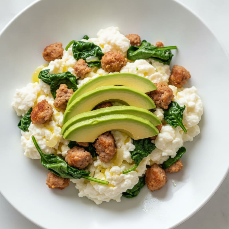 Egg White Scramble with Turkey Sausage and Sautéed Spinach